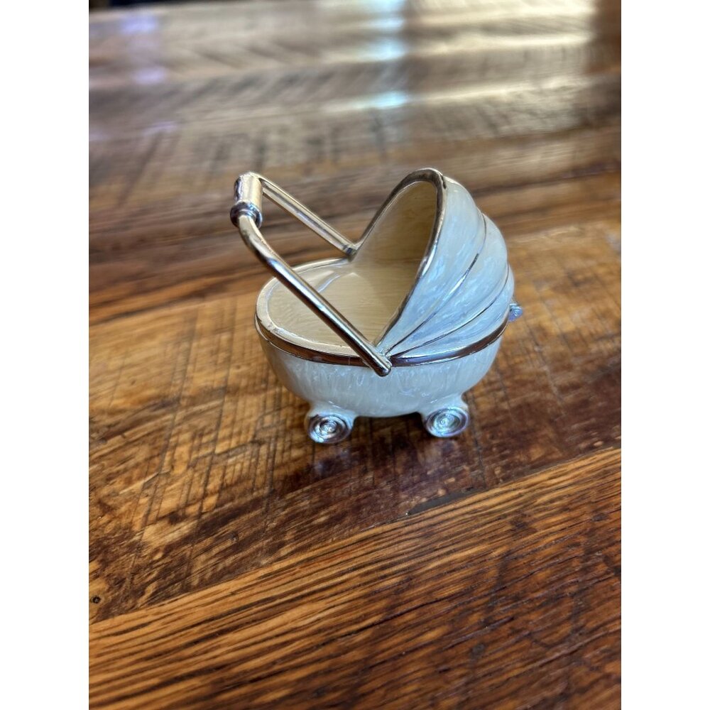 Vintage Silver Toned Miniature Baby Carriage Trinket Box Novelty Decor Collectib